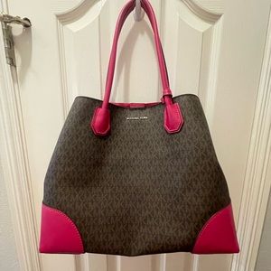 Michael Kors LG Mercer Corner Studio Brown and Ultra Pink Handbag